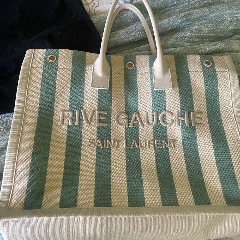Saint Laurent Green and Cream Striped Tote